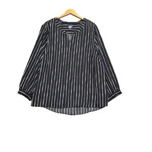 Lands End Popover Blouse Black White Stripe Size 24W Long Sleeve Career Office